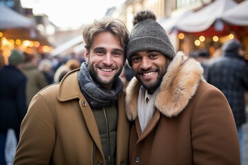 Two young men at the Christmas market, Christmas atmosphere with lights in the background