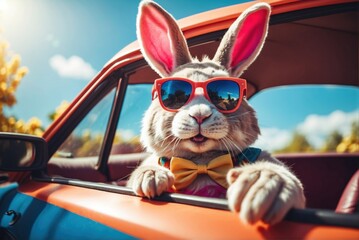Happy Easter bunny in colorful glasses drive, AI generated - obrazy, fototapety, plakaty