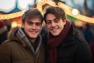 Two young men at the Christmas market, Christmas atmosphere with lights in the background