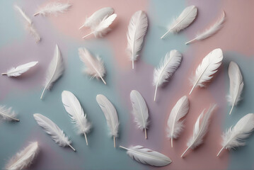 White feathers flying and falling, pastel colors, AI generated