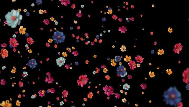 Flower Flying In The Air. Colorful Flower Falling On Black Background. Animation Of Realistic Flower Falling Over Black Bg, Multi Color Flower Falling Effects, Flower Flying In The Air And Falling 