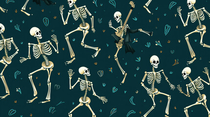 Seamless pattern background with dancing skeletons