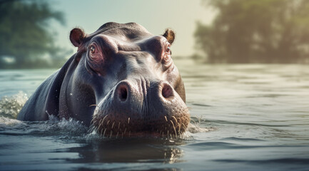 Common hippopotamus or hippo (Hippopotamus amphibius) showing aggression. - obrazy, fototapety, plakaty