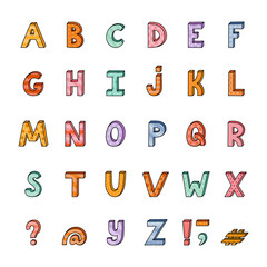 Cute funky 3d alphabet set with memphis decoration and outline. Patterned bold font with shadow. Funny latin ABC with uppercase letters, punctuation marks for cover, logo, festival headline.