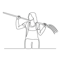 Continuous single line sketch drawing of farmer woman worker holding fork farming tool. One line art of occupation professional worker vector illustration