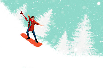 Poster artwork 3d collage of cheerful positive guy going down snowy hill riding snowboard isolated...