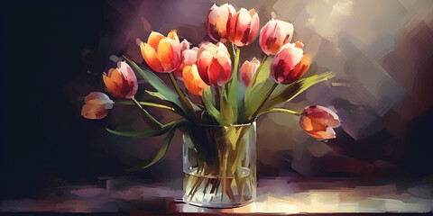 Bouquet of tulips in a glass vase on a table, still life, watercolor painting