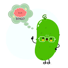 Cucumber with speech bubble and brain character. Vector hand drawn cartoon kawaii character illustration. Isolated white background. Cucumber poster and brain