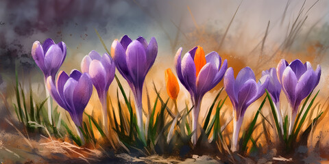 Flowering purple crocuses on spring meadow, watercolor painting.