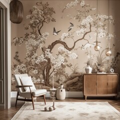Obraz na płótnie Canvas living room design in 3d Chinoiseries style wallpaper with classic drawing of tree and bird
