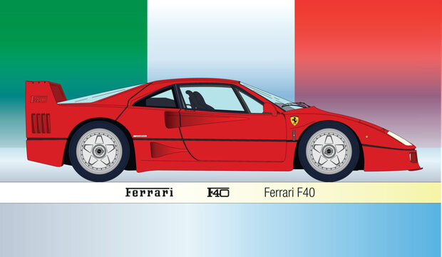 Maranello, Italy, year 1987, Ferrari F40 vintage super car, italian design, coloured vector illustration outlined on the italian flag
