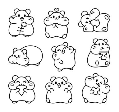 Cute kawaii hamster. Coloring Page. Cartoon funny animals character. Hand drawn style. Vector drawing. Collection of design elements.