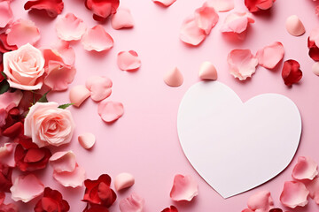 Beautiful rose petals and paper hearts on a pastel pink table. Valentines day greeting card concept. View from above.