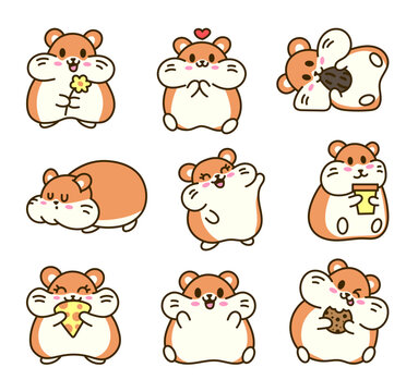 Cute kawaii hamster. Cartoon funny animals character. Hand drawn style. Vector drawing. Collection of design elements.