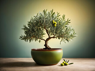 An olive tree branch, positioned in a simple pot