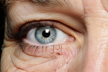 Close up view beautiful blue wrinkled eye macro detail human vision eyesight eyelash optical...