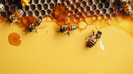 Bees on honeycombs produce honey. World Honey Day