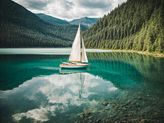 A sailboat on a smooth lake, capturing the essence of quiet exploration - obrazy, fototapety, plakaty