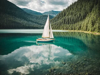 Deurstickers A sailboat on a smooth lake, capturing the essence of quiet exploration © Meeza