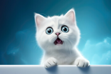 Playful European Shorthair Cat with Blank Banner, Blue Background