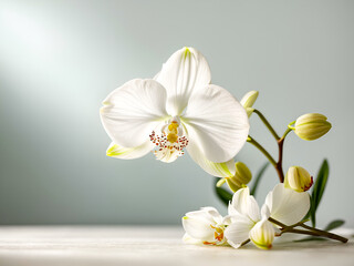 A delicate white orchid with a soft shadow on a plain, light-colored background