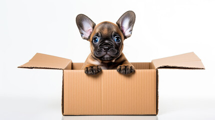 A French bulldog puppy looks out of a cardboard box on a white background.