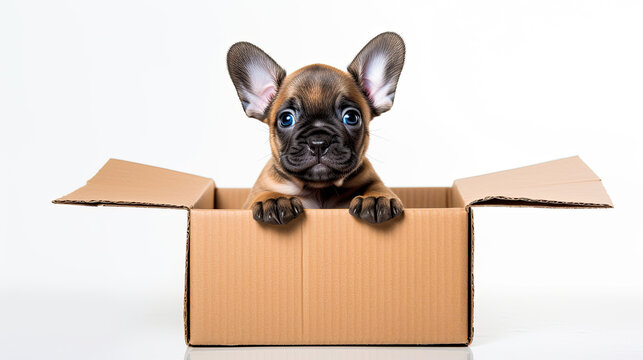 A French bulldog puppy looks out of a cardboard box on a white background.