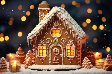 Fototapeta na wymiar Traditional Christmas gingerbread house with icing on the background of garlands of lights