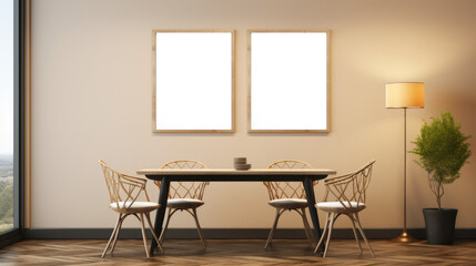 Mockup of posters or framed paintings in a dining room with a wooden table and chairs