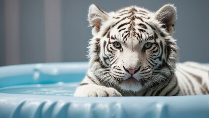 A white tiger cub lounges in a blue pool, its piercing eyes and striking stripes creating a captivating image