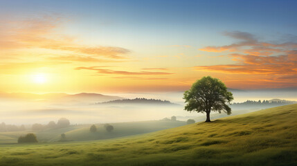 Fototapeta na wymiar Serene Sunrise Over Misty Hills with Solitary Tree