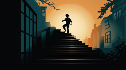 Silhouette boy climbs the stairs.