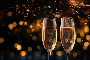 Champagne Flute Amidst Festive Fireworks