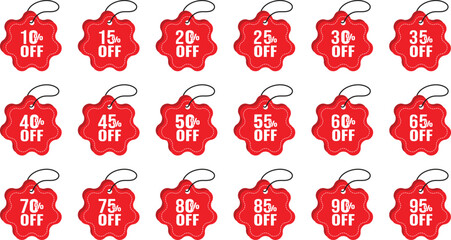 Discount badges or sale offer 5, 10, 15, 20, 25, 30, 50,  60, 65, percent off badge. price tag design template vector