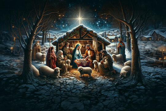 Oil painting representing the holy family. Nativity scene in Bethlehem. Christmas scene illustration showing holy family with Joseph Mary baby Jesus - shepherds and sheep. Copy space