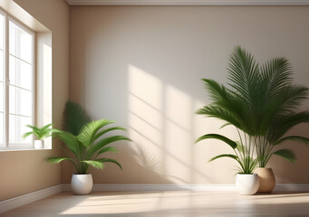 Empty beige room interior with palm leaves plant. Modern 3d living room, office or gallery with shadows and sunlight from the window on the wall, realistic illustration. AI Generative 