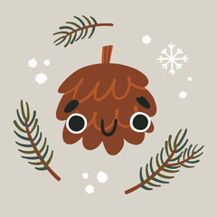Cute pine cone with eyes surrounded by pine twigs and snowflakes. Cartoon winter сhristmas vector illustration.