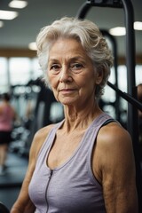 Close-up portrait of an elderly gray-haired retired woman in the gym. Sports, fitness, healthy...