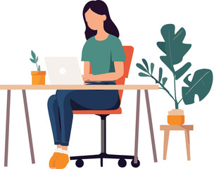 girl with laptop sitting on chair. Freelance or learning concept. Cute illustration in flat style.