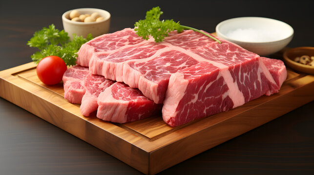 big red and fat raw wagyu beef steak. japanese wagyu ribeye beef on wooden cutting board