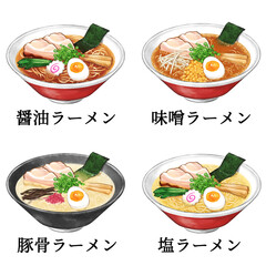 Set of Shoyu Ramen, Miso Ramen, Tonkotsu Ramen, and Shio Ramen painted with digital watercolor