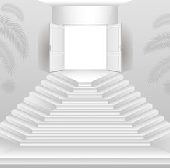 A 3D model of a staircase and an open door.
Vector illustration, monochrome.