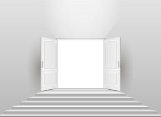 A 3D model of a staircase and an open door.
Vector illustration, monochrome.