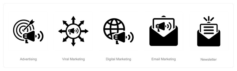 A set of 5 Digital Marketing icons as advertising, viral marketing, digital marketing