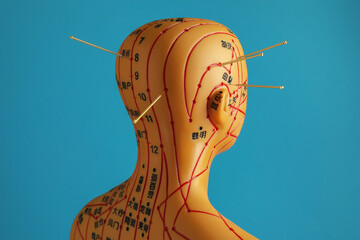 Acupuncture - alternative medicine. Human model with needles in head against light blue background