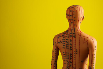 Acupuncture model. Mannequin with dots and lines on yellow background, space for text
