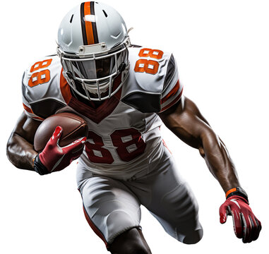 Athletic American football player in a white and orange uniform runs with a ball in his hand