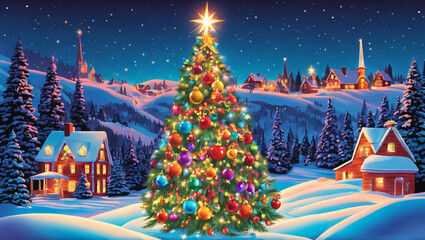 A festive and vibrant Christmas tree adorned with colorful ornaments, glowing lights, and a shining star topper, evoking warmth and high-quality holiday cheer.