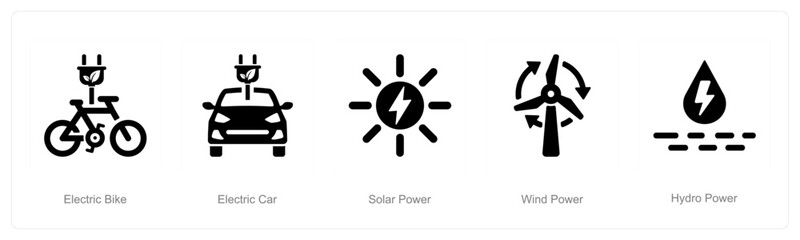 A set of 5 ecology icons as electric bike, electric car, solar power 