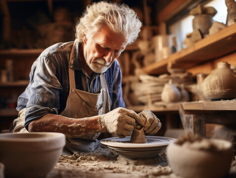 Elderly potter at a wheel, hands covered in clay. Spinning pottery in a rustic studio.Shelves of finished pottery, a kiln in the corner. 